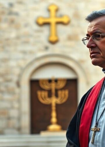 Izraelskie prześladowania katolików w Jerozolimie: Podatek Arnona jako narzędzie dyskryminacji Ksiądz katolicki w tradycyjnych szatach stoi przed kościołem w Jerozolimie, odporny wobec izraelskich poborców podatkowych.