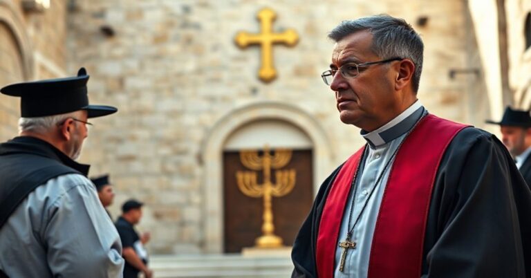 Ksiądz katolicki w tradycyjnych szatach stoi przed kościołem w Jerozolimie, odporny wobec izraelskich poborców podatkowych.