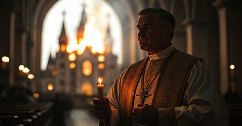 Poważny ksiądz katolicki w tradycyjnych ornatach stoi w ciemnym kościele, trzymając świecę i patrzący na płonące katedrę na tle. Scena symbolizuje represje wobec wolności religijnej i walkę o prawdę katolicką.