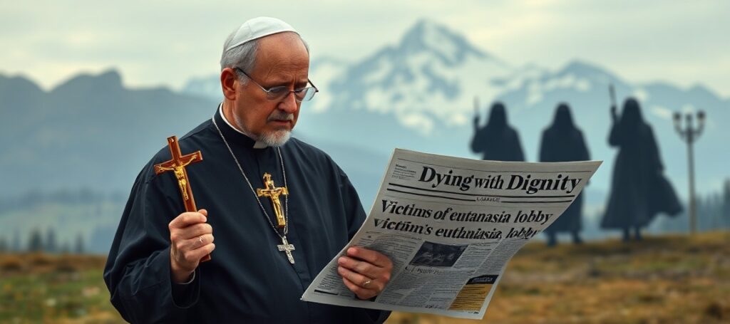 Ksiądz katolicki trzymający krzyż przed tłem kanadyjskiego krajobrazu z gazetą informującą o eutanazji