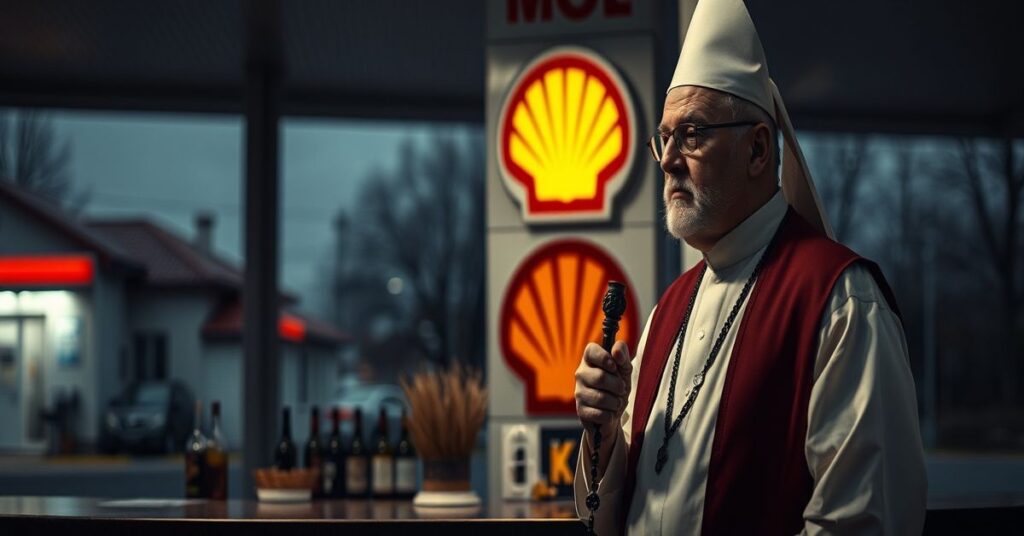 Ksiądz katolicki przed stacją benzynową, krytykujący światową próbę zwalczania alkoholizmu