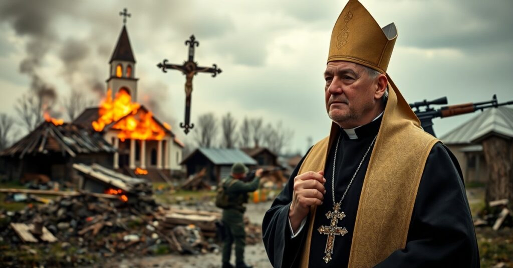 Ksiądz katolicki w tradycyjnych szatach liturgicznych stoi w zniszczonej ukraińskiej wsi przed palącym się kościołem. W tle widoczny jest rosyjski żołnierz z bronią.