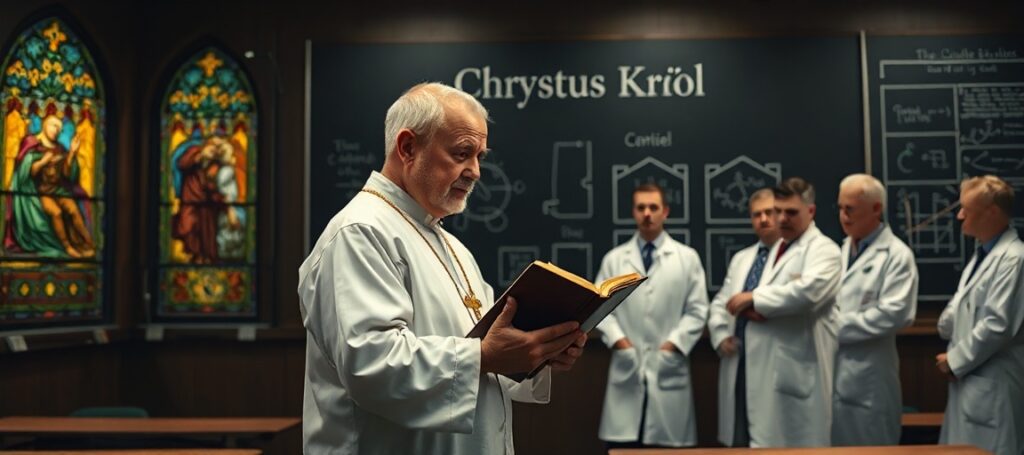 Tradycyjny ksiądz katolicki w seminarium w Mundelein pod Chicago podczas dyskusji z naukowcami na temat seksualności i przyszłości wszechświata