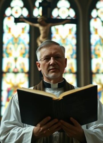 Ksiądz katolicki w starej kaplicy z Biblią w ręku Ksiądz katolicki w starej kaplicy z Biblią w ręku