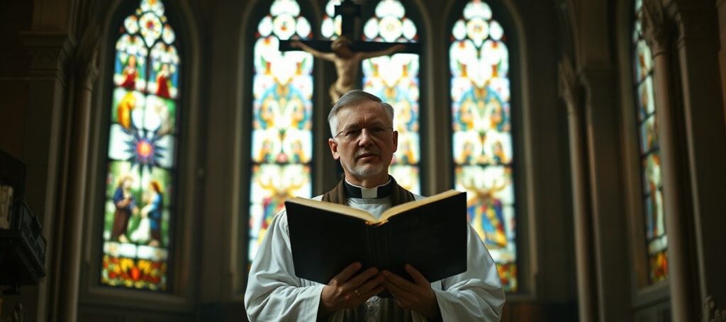 Ksiądz katolicki w starej kaplicy z Biblią w ręku