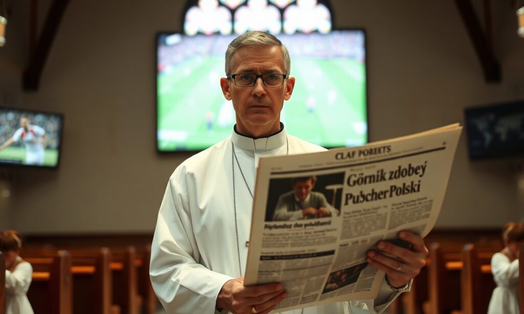 Ksiądz katolicki trzymając Biblię i gazetę z nagłówkiem 'Górnik zdobył Puchar Polski' w kościele
