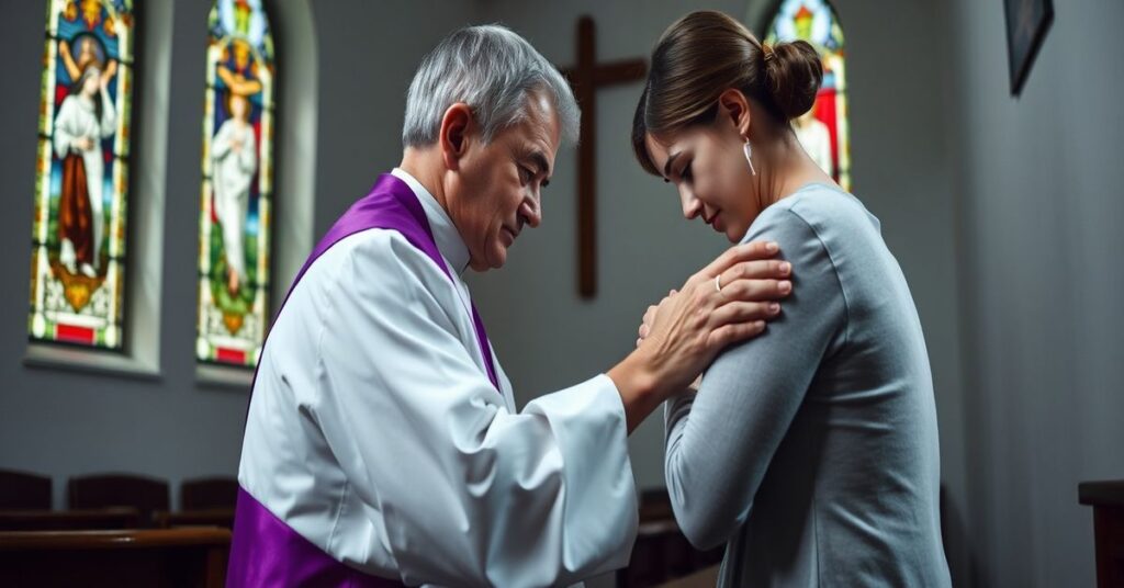Tradycyjny ksiądz katolicki w białym ornat i fioletowym stole modli się z młodą kobietą w rozpaczy w kaplicy z witrażami przedstawiającymi Ukrzyżowanie