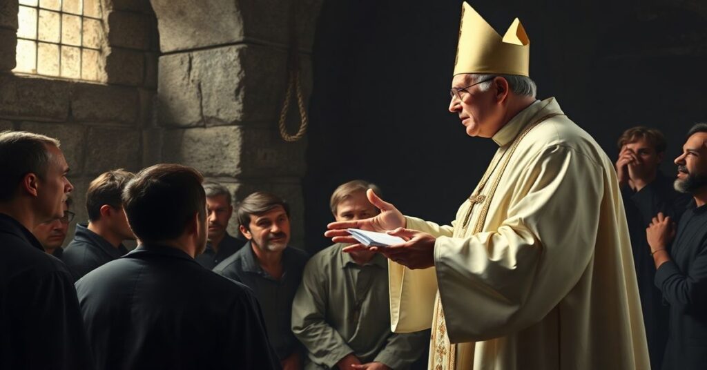 Tradycyjny ksiądz w sutannie kaznodziejskiej przed grupą nieszczęśliwych więźniów w ciemnej kaplicy