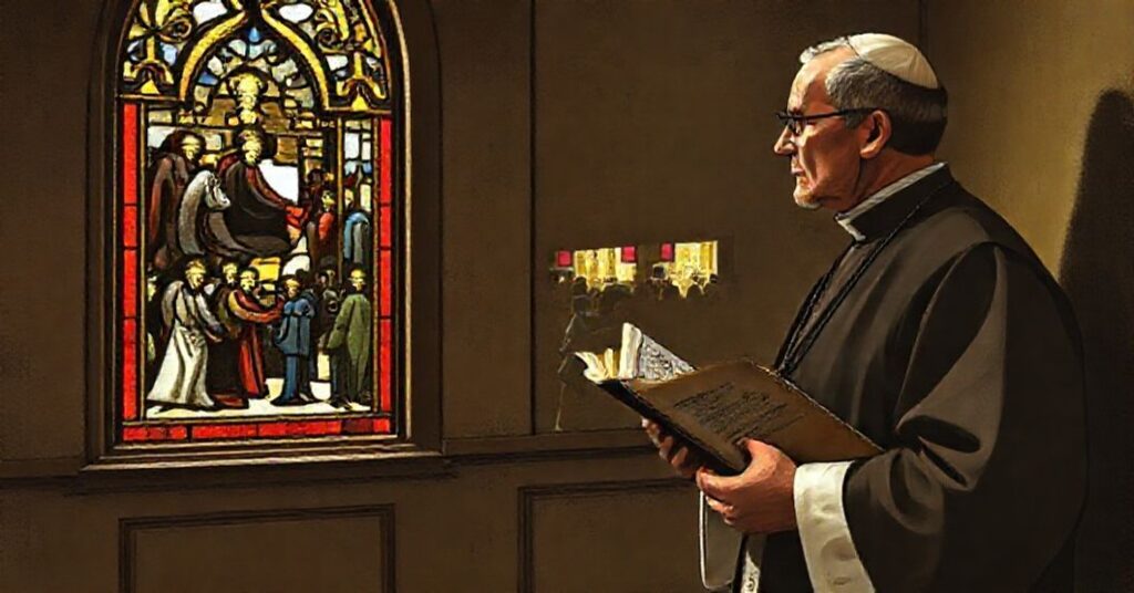 Ksiądz w ornacie stoi w kaplicy, patrzący przez witraż z widokiem czarnego piątku i konsumpcji