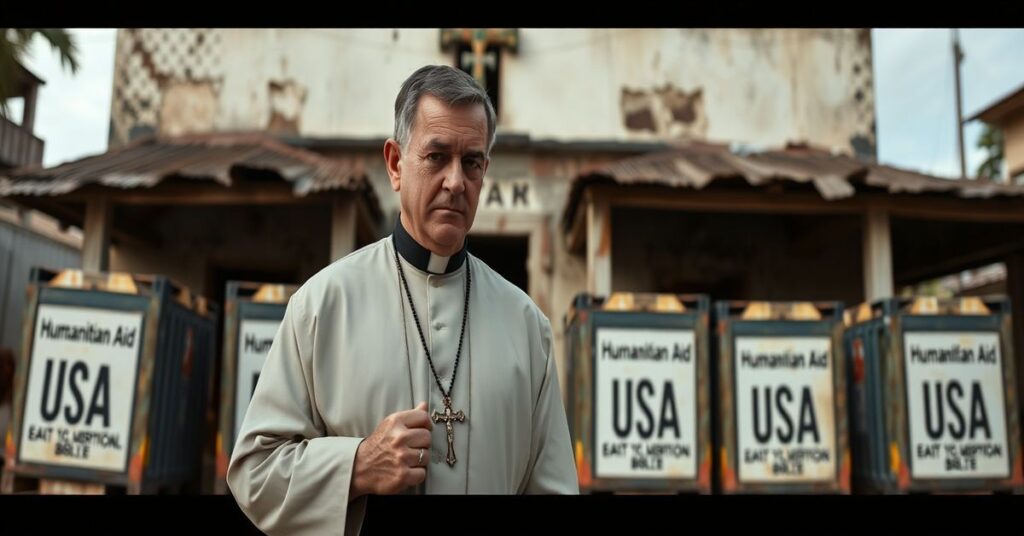 Ksiądz w sutannie stoi przed kubańskim wsiem z kontenerami pomocy USA, symbolizując konflikt między pomocą materialną a wiarą katolicką