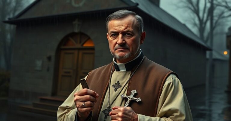 Cichy katolicki ksiądz z krzyżem w rękach stoi przed kościołem w deszczu, symbolizującą upadek moralny współczesnej polityki.
