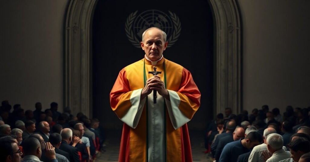 Katolicki ksiądz w tradycyjnych szatach stoi przed zamkniętymi drzwiami kościoła, trzymając krzyż. W tle widnieje cieniowe centrum WHO jako symbol globalistycznej tyranii. Scena jest oświetlona łagodnym światłem, wywołując uczucie duchowego oporu wobec świeckiego autorytarizmu.