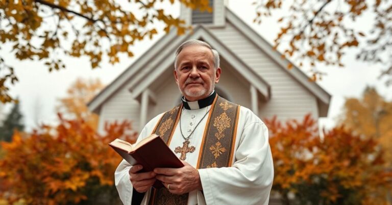 Ksiądz w tradycyjnych szatach liturgicznych stoi przed kościołem w Kanadzie, trzymając brewiarz i patrząc z powagą na widza.