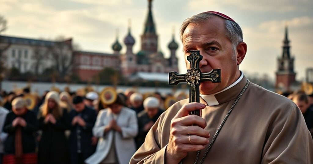 Katolicki ksiądz stoi przed Kremlinem trzymając krzyż, na tle prawosławni modlący się z fałszywymi ikonami.