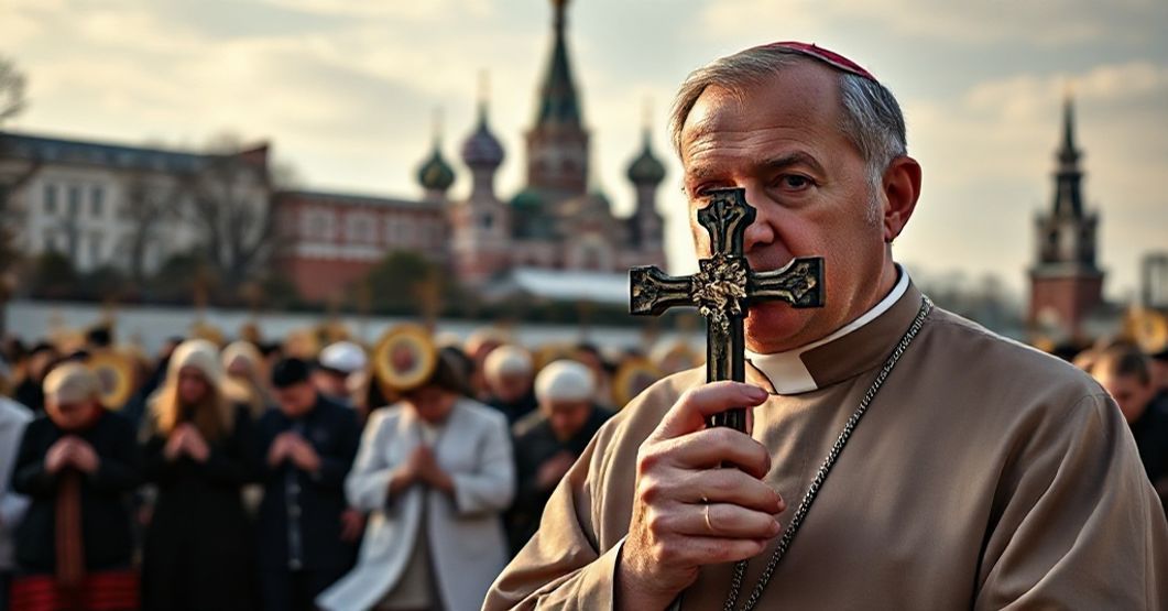 Ksiądz przed Kremlinem - Apostazja i fałszywe odrodzenie Katolicki ksiądz stoi przed Kremlinem trzymając krzyż, na tle prawosławni modlący się z fałszywymi ikonami.
