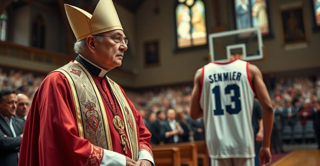 Ksiądz katolicki w tradycyjnym ornacie, poważnie obserwujący mecz koszykówki, symbolizujący krytykę fałszywego patriotyzmu i komercjalizacji sportu