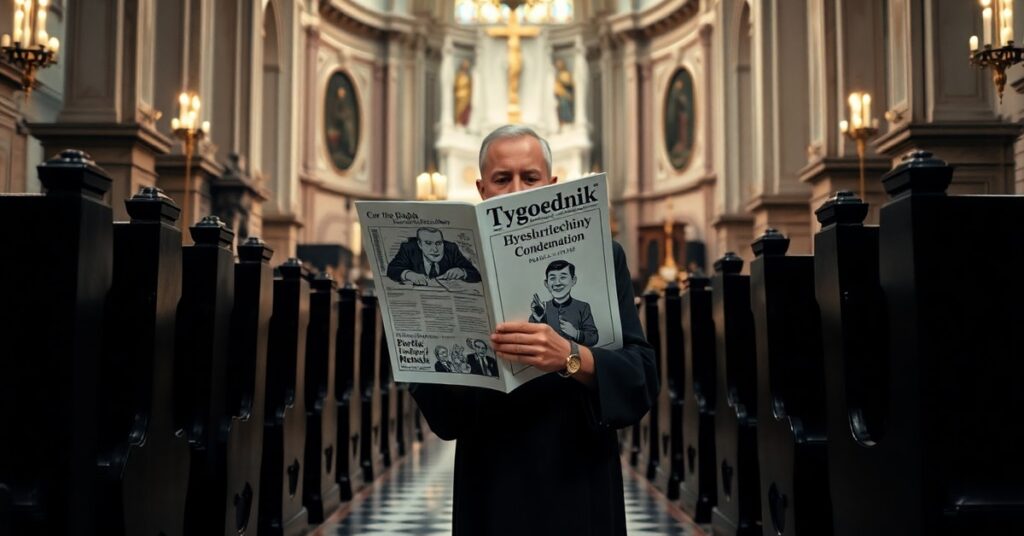 Ksiądz katolicki modli się w kościele wobec opuszczonych ławek i krytycznych czasopism z kreskówkami Minkiewicza, ukazując duchową pustkę estetyzacji wiary wbrew naukom świętych Piusa X i XI.