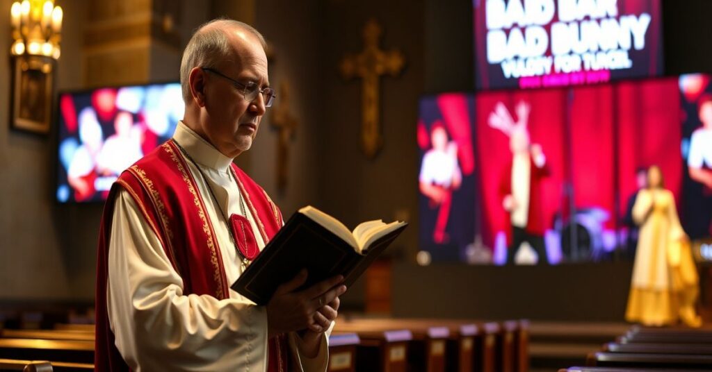 Katolicki ksiądz w tradycyjnym stroju kościelnym patrzy z powagą na scenę z występem Bad Bunny'ego.