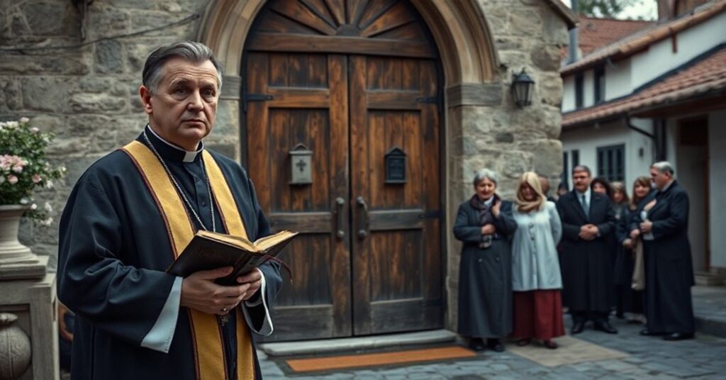 Tradycyjny katolicki księż w ornatach stoi przed drzwiami kościoła, trzymując Biblię. Skupiona grupa wiernych słucha jego przemowy o moralnej katastrofie.