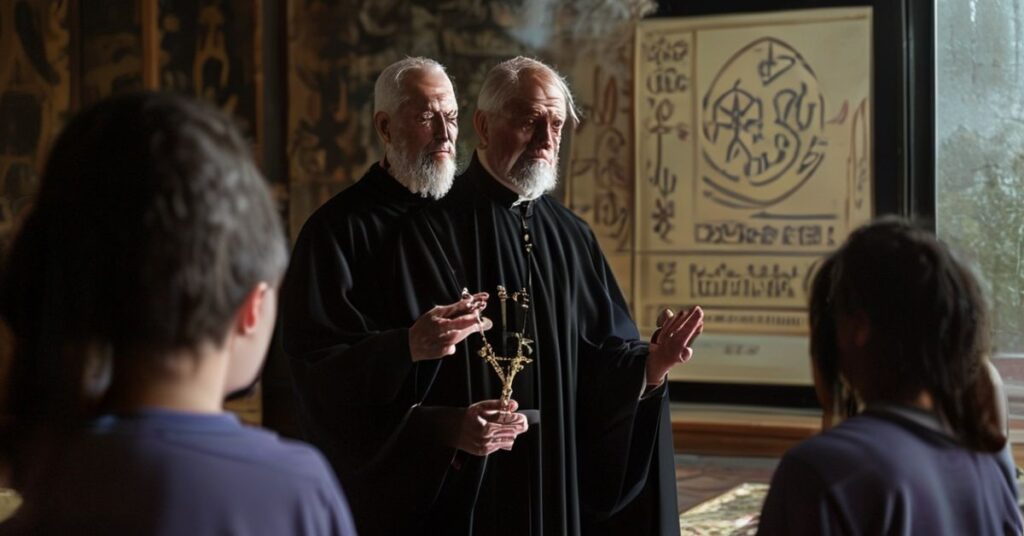 Ksiądz w tradycyjnym stroju duchownego stoi przed nowoczesnym studio jogi, trzymając krzyż, z wyraźną troską na twarzy. W tle widoczne są osoby praktykujące jogę z dymem kadzidła i symbolami duchowości wschodniej.