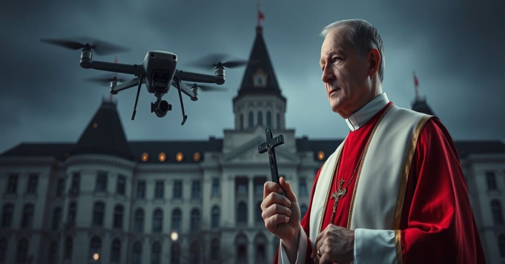 Ksiądz w tradycyjnych szatach kościelnych trzyma krzyż przed budynkiem parlamentu kanadyjskiego z widocznym dronem nadzoru