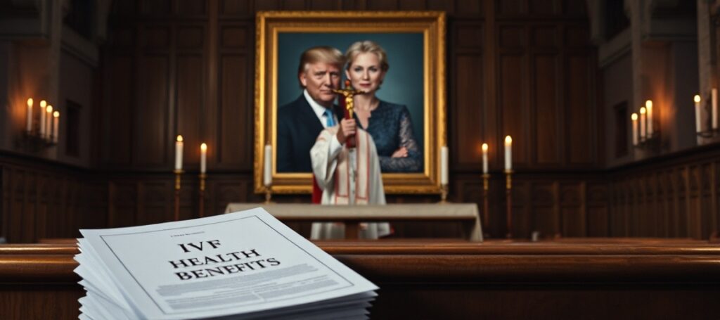 Sobieśmy w tradycyjnym kościele katolickim z księdzem trzymającym krzyż przy ołtarzu i zdjęciem Donalda Trumpa i senator Katie Britt na tle.