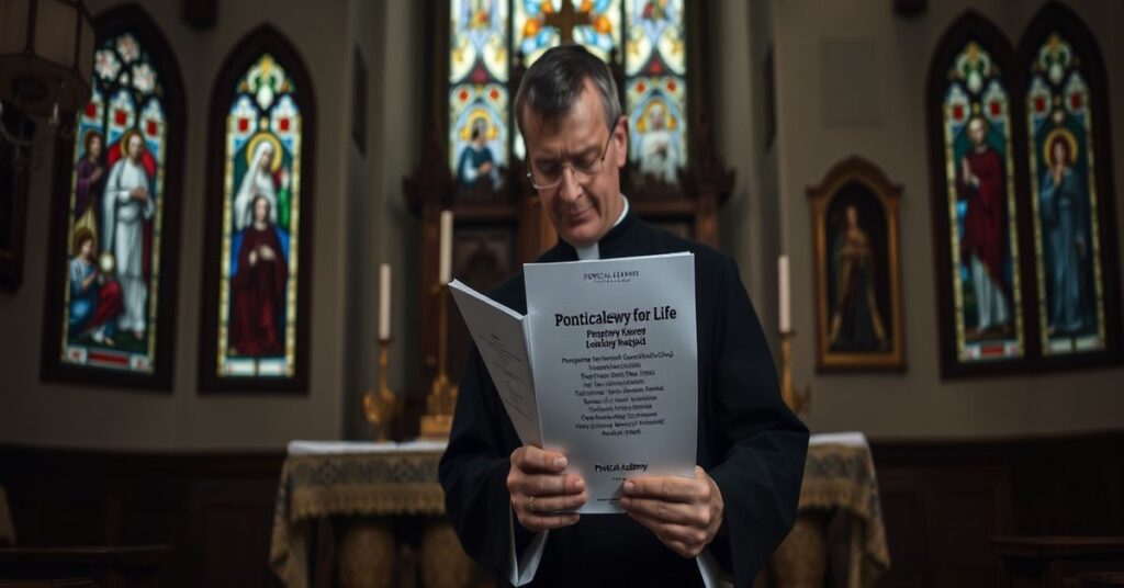 Przerażony ksiądz w sympatycznym stroju kościelnym przed ołtarzem z ikonami religijnymi, trzymając dokument Akademii Życia o ksenotransplantacji.