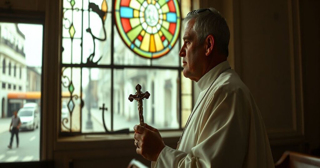 Ksiądz w tradycyjnym sutannie stoi w ciemnym kościele na Kubie, trzymając krzyż i patrząć przez pęknięte witraże na zburzone ulice Hawany.