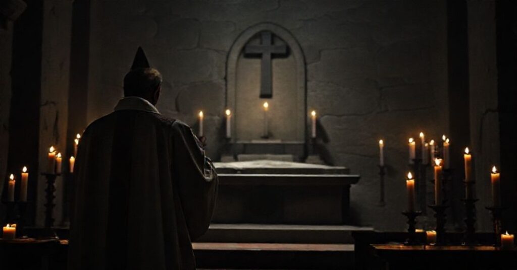 Ks. w tradycyjnych szatach modli się przy grobie w ciemnym pomieszczeniu pełnym świec. Scena sugeruje powagę i żałobę nad apostazją i potrzebą pokuty.