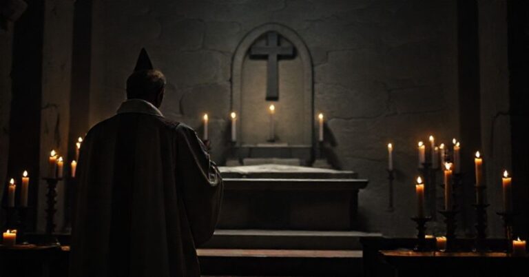 Ks. w tradycyjnych szatach modli się przy grobie w ciemnym pomieszczeniu pełnym świec. Scena sugeruje powagę i żałobę nad apostazją i potrzebą pokuty.