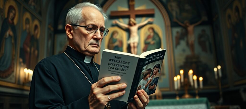 Ksiądz w tradycyjnym stroju katolickim trzyma książkę o tytule 'Świat ocalony przez dzieci' przed krzyżem w kościele