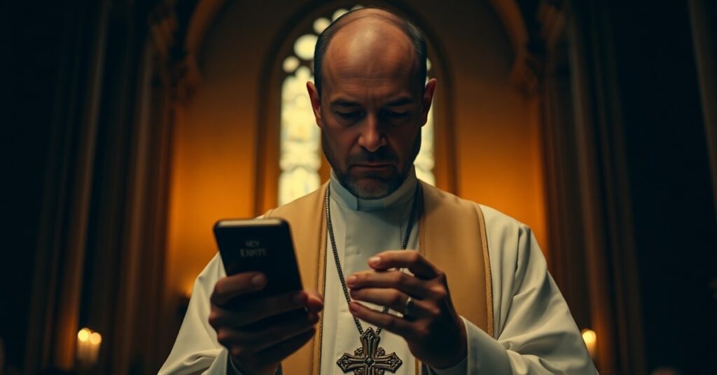 Ksiądz w szatach liturgicznych zatroskany widokiem ekshibicjonizmu cyfrowego na smartfonie