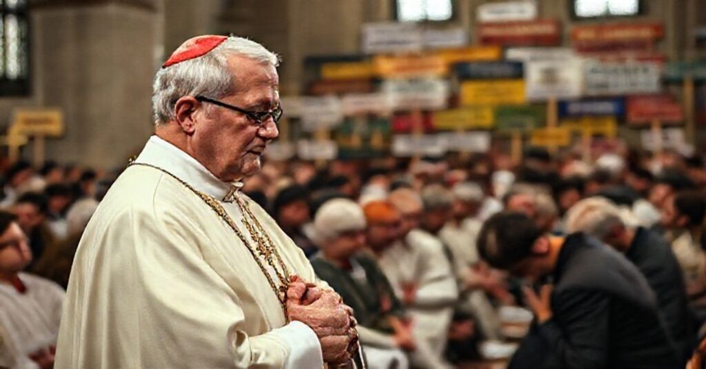 Katolicki ksiądz w tradycyjnych szatach liturgicznych odprawiający Mszę świętą w języku łacińskim w otoczeniu skupionych w modlitwie wiernych.