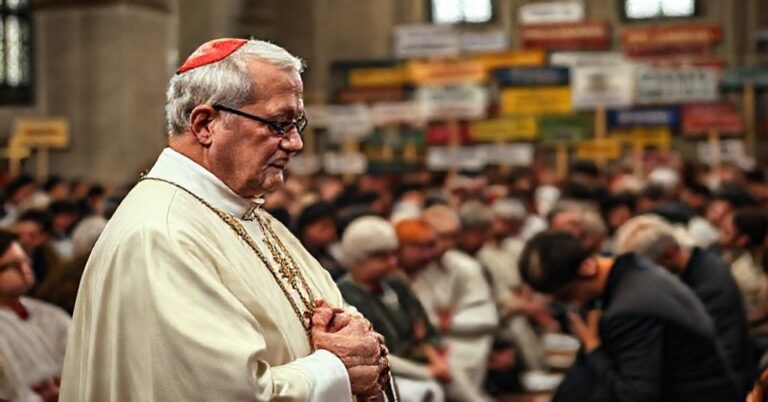 Katolicki ksiądz w tradycyjnych szatach liturgicznych odprawiający Mszę świętą w języku łacińskim w otoczeniu skupionych w modlitwie wiernych.