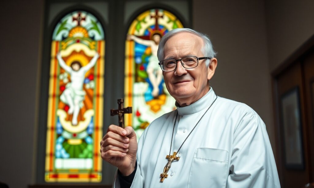 Ksiądz Larry Holland w tradycyjnej kaplicy szpitalnej trzyma krzyż, otoczony symbolami katolickimi