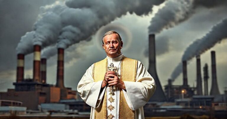 Ksiądz w tradycyjnych szatach kapłańskich stoi przed fabryką, trzymając krzyż. Ciemne dymy z kominów kontrastują z boskim światłem okalającym jego głowę. Symbolizuje walka wiary z materializmem i ekonomiczną zależnością.