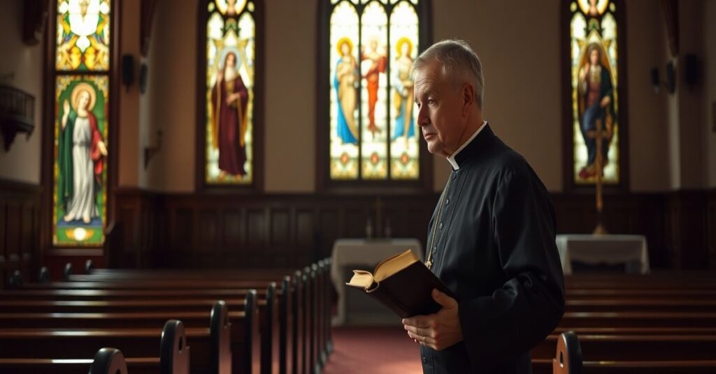 Katolicki ksiądz w tradycyjnym ornacie myśli o teologicznych aspektach rządów islamskich w kaplicy.