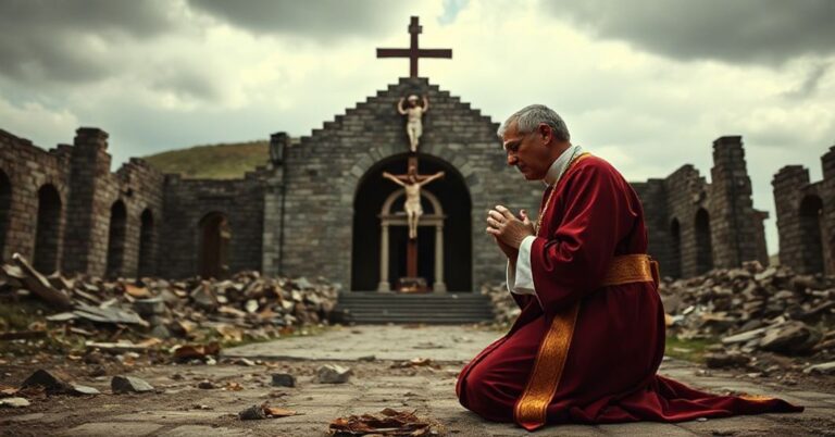 Tradycyjny ksiądz w ornaty modlący się przed krzyżem przed ruinami kościoła misyjnego