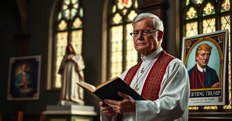 Tradycyjny ksiądz katolicki w kaplicy modli się przed figurą Niepokalanego Poczęcia Maryi z widocznym posterem Donalda Trumpa w tle.