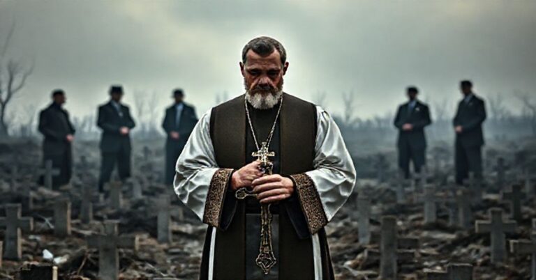 Ksiądz w tradycyjnych szatach modli się nad grobami ofiar wołyńskiej rzezi, podczas gdy politycy negocjują w tle.