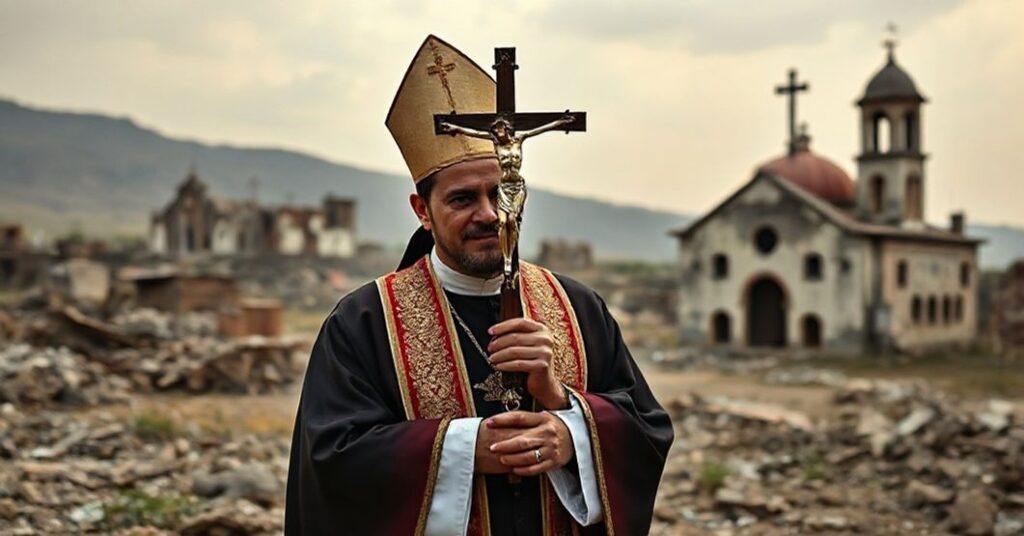 Ksiądz w tradycyjnych szatach modli się przed zniszczonym krajobrazem z ruinami kościołów, trzymając krucyfiks jako symbol pokoju i boskiej władzy w konflikcie w Pakistanie i Afganistanie.