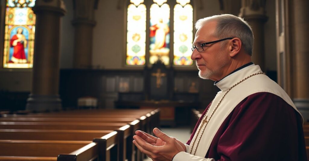 Tradycyjny katolicki ksiądz w ornacie modli się w historycznej polskiej kościele z promieniami słońca przechodzącymi przez witraże z Chrystusem Królem. Scena wypełniona jest pobożnością i duchowym pragnieniem.