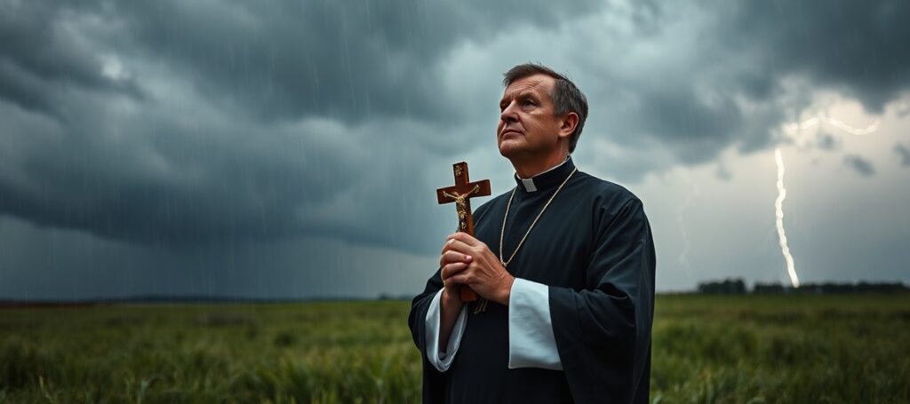 Ksiądz w tradycyjnych szatach stojący w polu podczas burzy trzyma krzyż