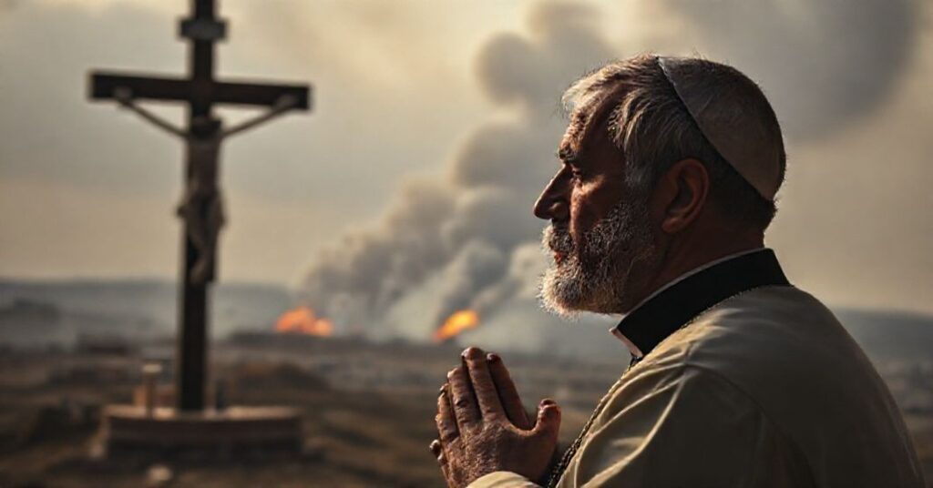 Tradycyjny ksiądz katolicki modlący się przed krzyżem na tle konfliktu izraelsko-libańskiego