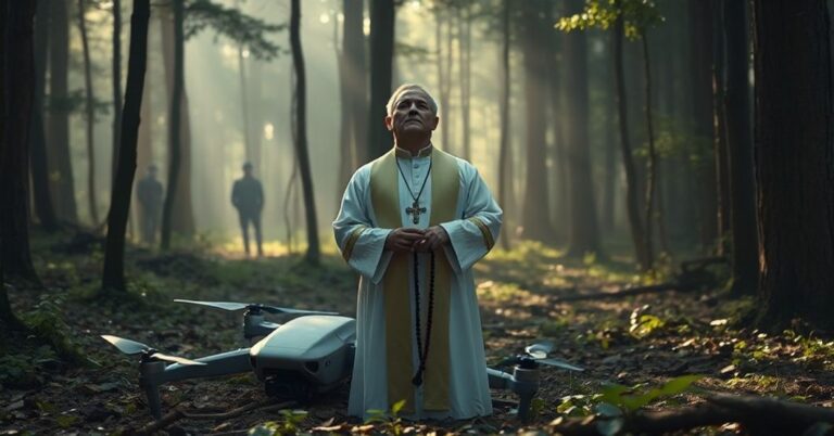 Ksiądz w tradycyjnych szatach kościelnych stoi w lesie obok wręku drona, modlący się z boiszczywym wzrokiem skierowanym ku niebu. Scena podkreśla kontrast między światem duchowym a światem doczesnym.