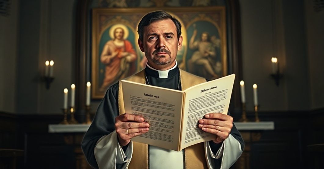 Tradycyjny katolicki ksiądz w ornatach stojący przed starym ołtarzem z dokumentem "Dilexit nos" - symbolizującym współczesne herezje w Kościele