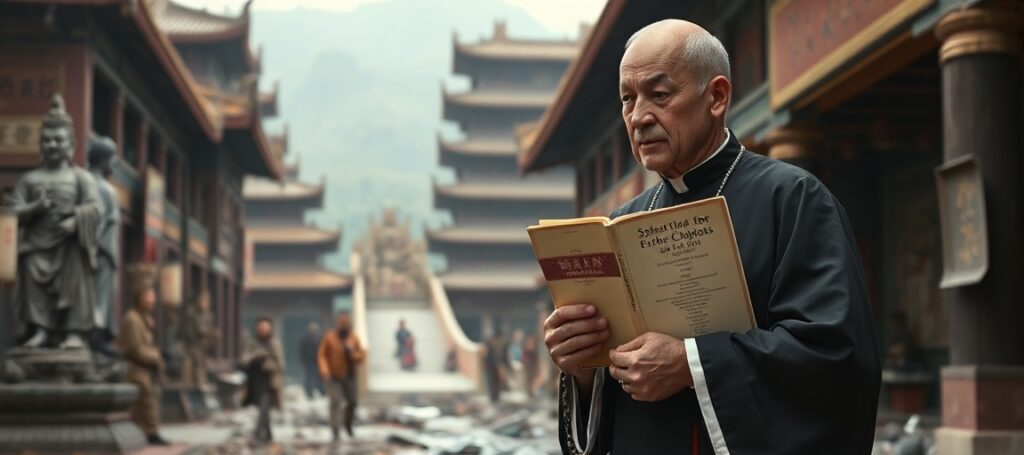 Katolicki ksiądz modlący się przed zdewastowanym buddyjskim klasztorem Shaolin w Chinach.