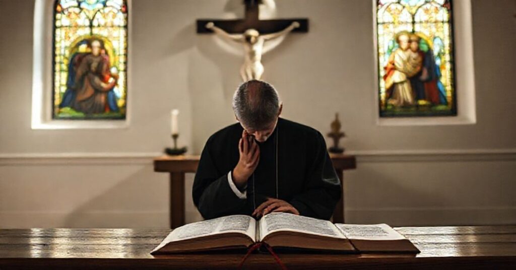 Tradycyjny ksiądz modlący się przed krzyżem w kaplicy z otwartą Biblią i brewiarzem na stole