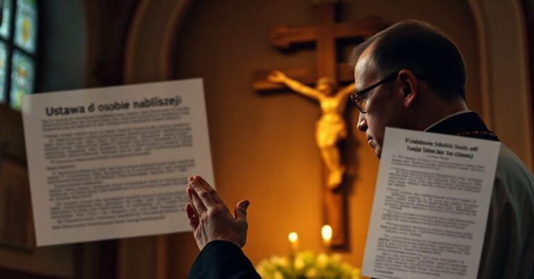 Ksiądz w tradycyjnym sutannie modli się przed krzyżem w kaplicy, symbolizując obronę tradycyjnych wartości rodzinnych wobec zagrożenia ustawy o osobie najbliższej