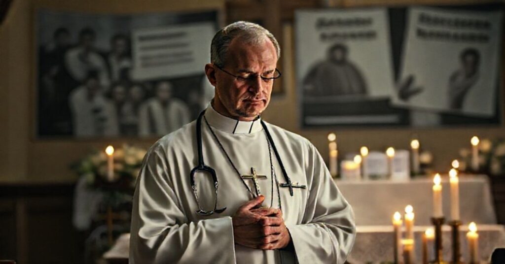 Realistyczny obraz przedstawiający katolickiego księdza modlącego się przed ołtarzem w otoczeniu symboli medycznych jako protest przeciwko aborcji